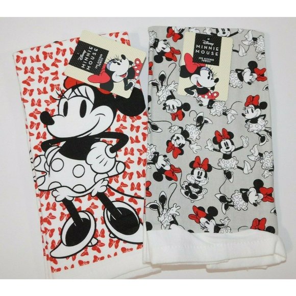 Disney Minnie Mouse Tea Towels Character 2 Sets of 2 NEW 26" x 16" Cotton - Picture 1 of 5